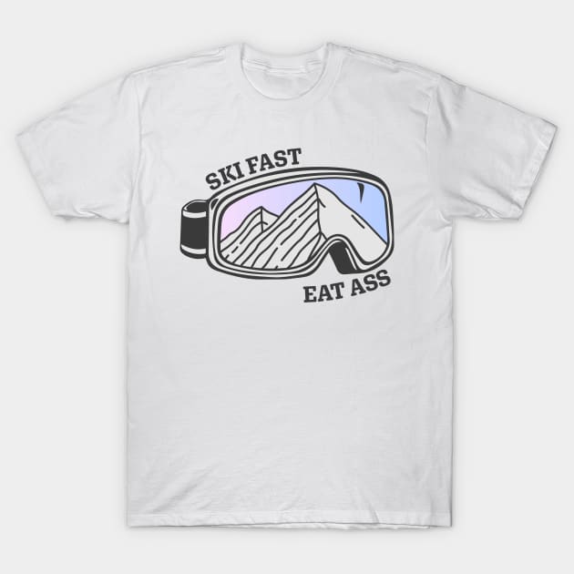 Sunset Mountain Ski Goggles | Ski Fast Eat Ass T-Shirt by KlehmInTime